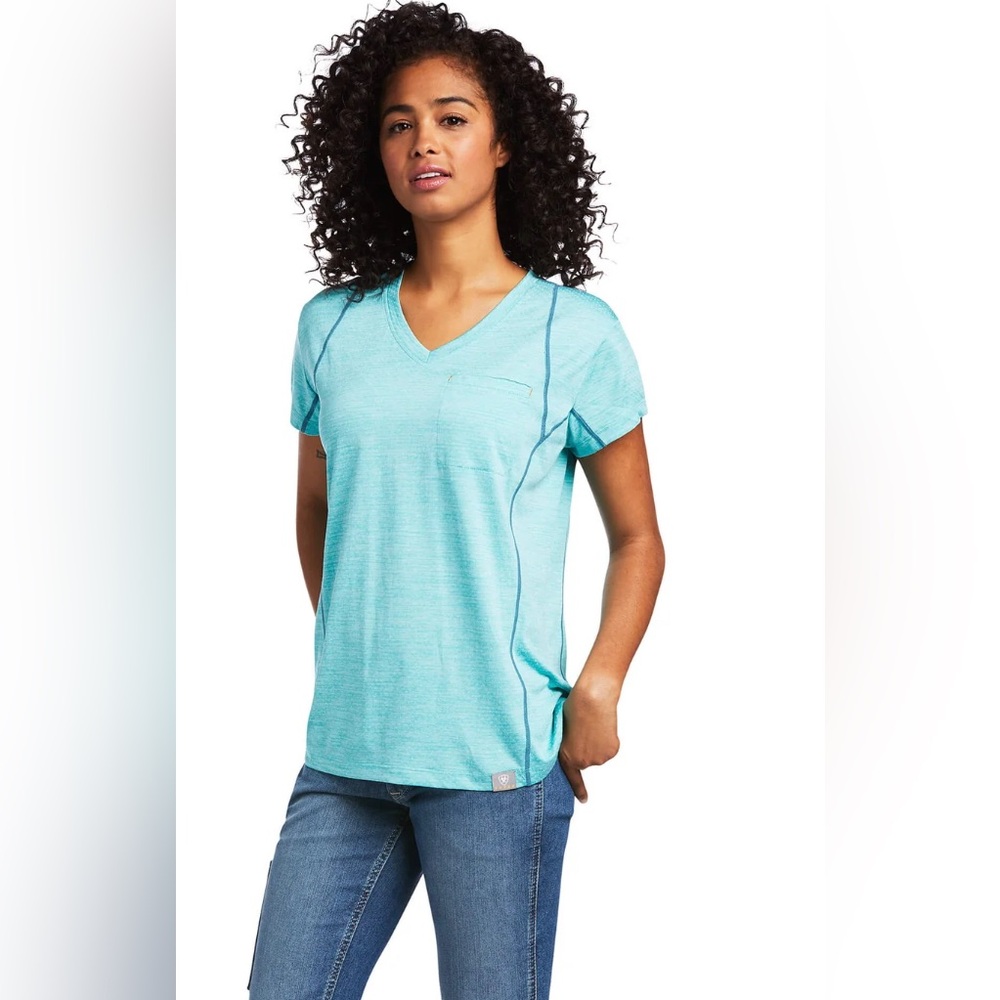 Ariat Women’s Meadowbrook Rebar Evolution Blue V-Neck Short Sleeve Large